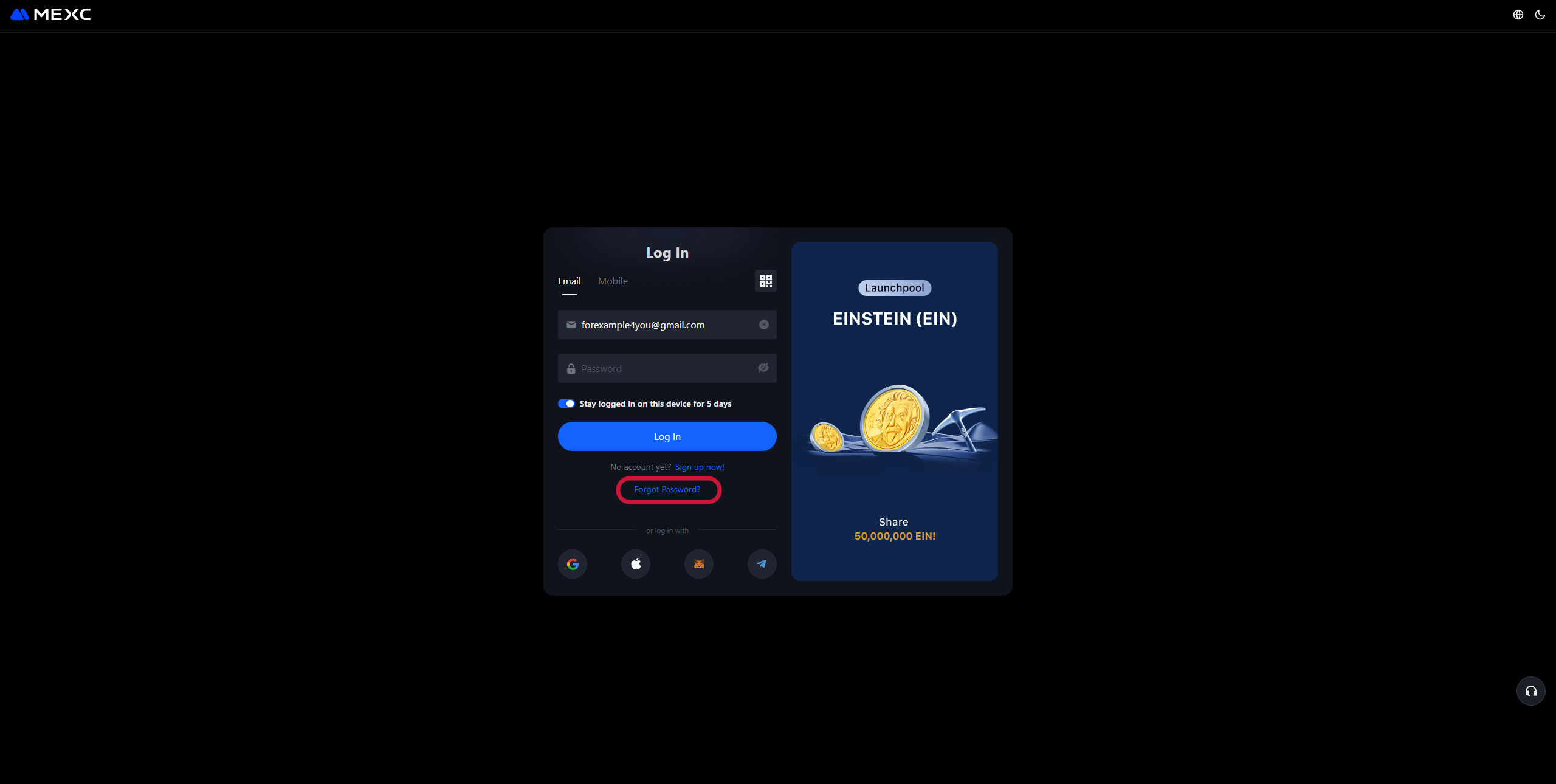 بازیابی رمز عبور اکانت Mexc