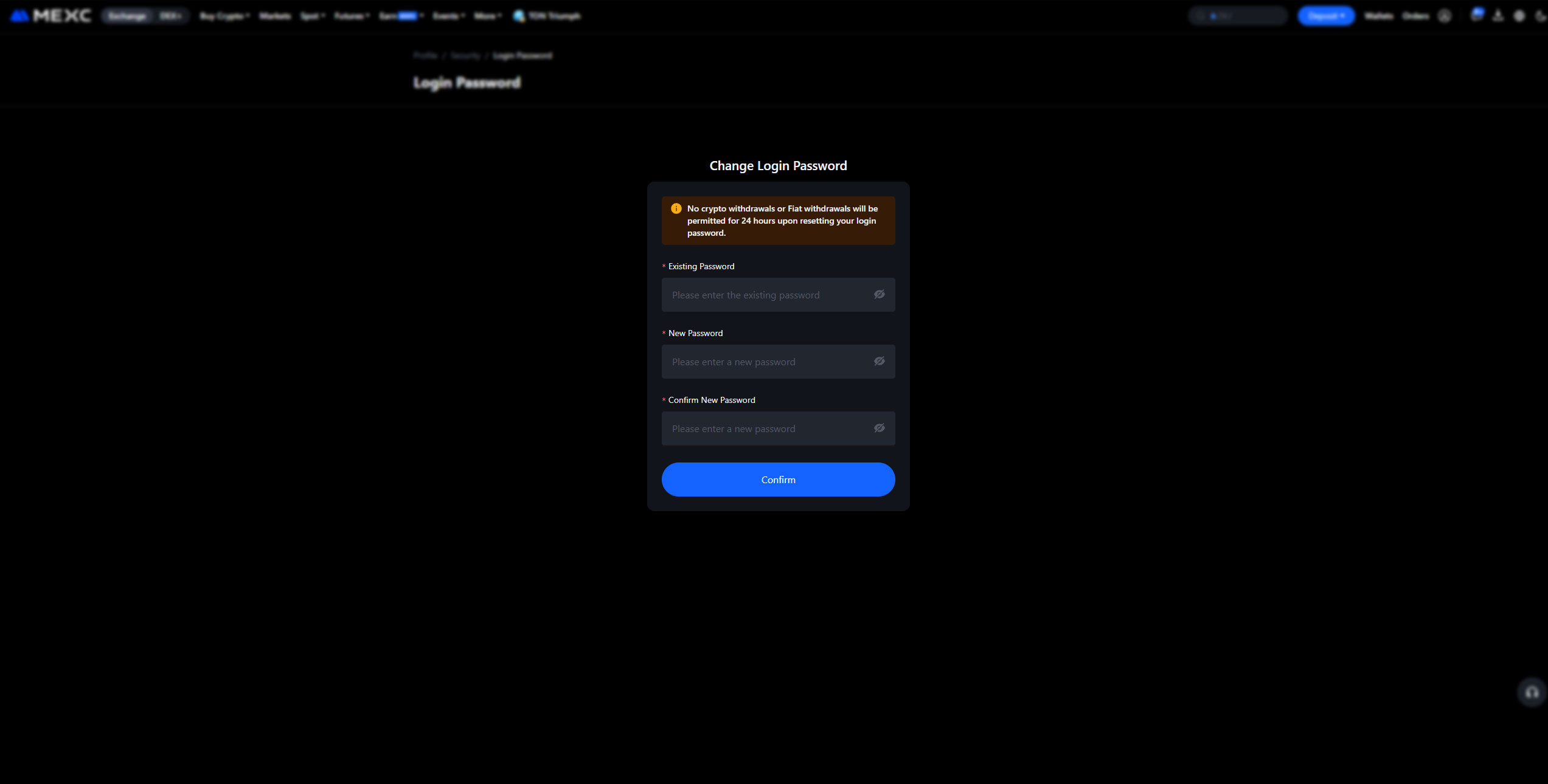 تغییر رمز عبور صرافی Mexc