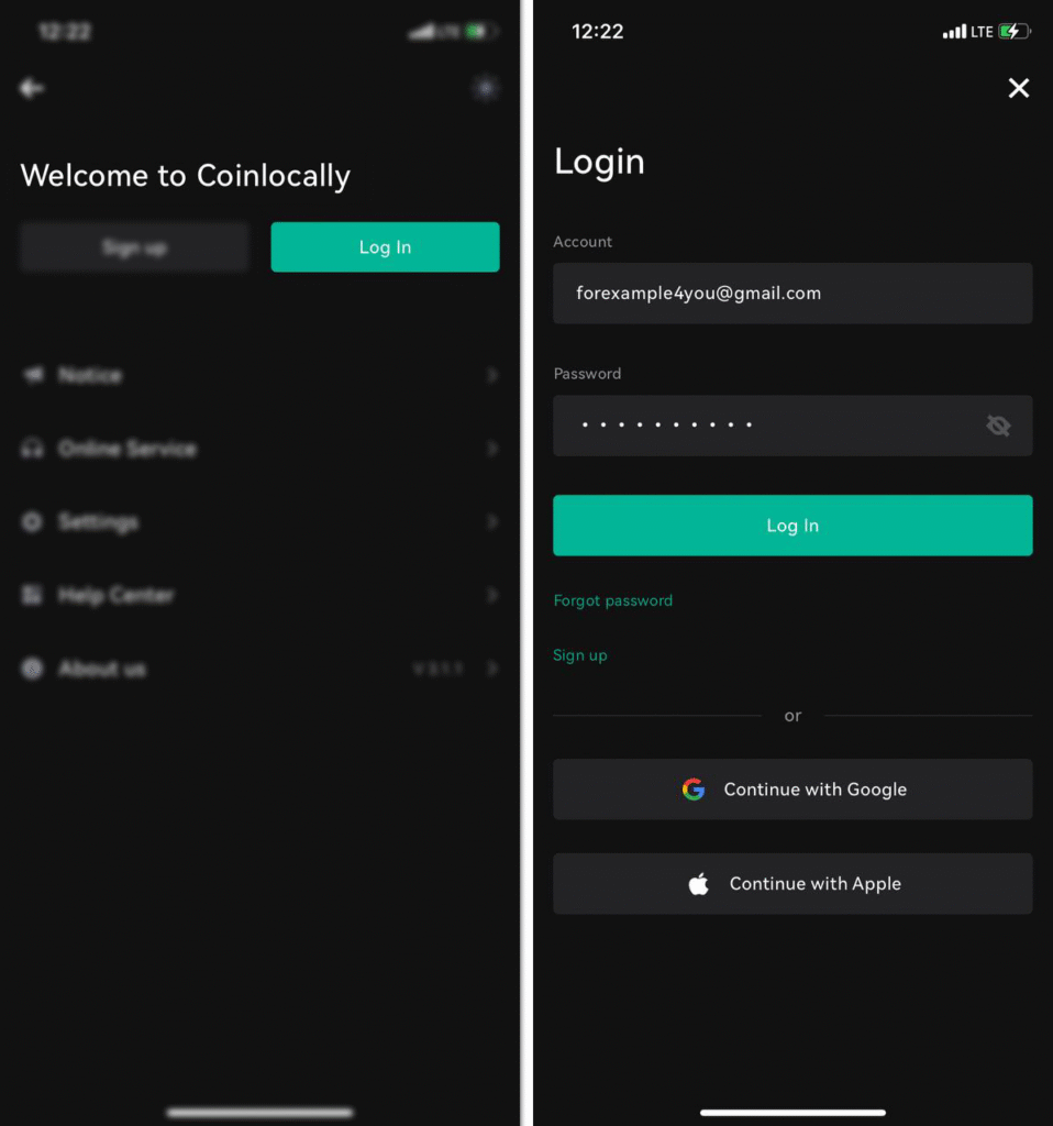 ورود به اکانت اپلیکیشن Coinlocally
