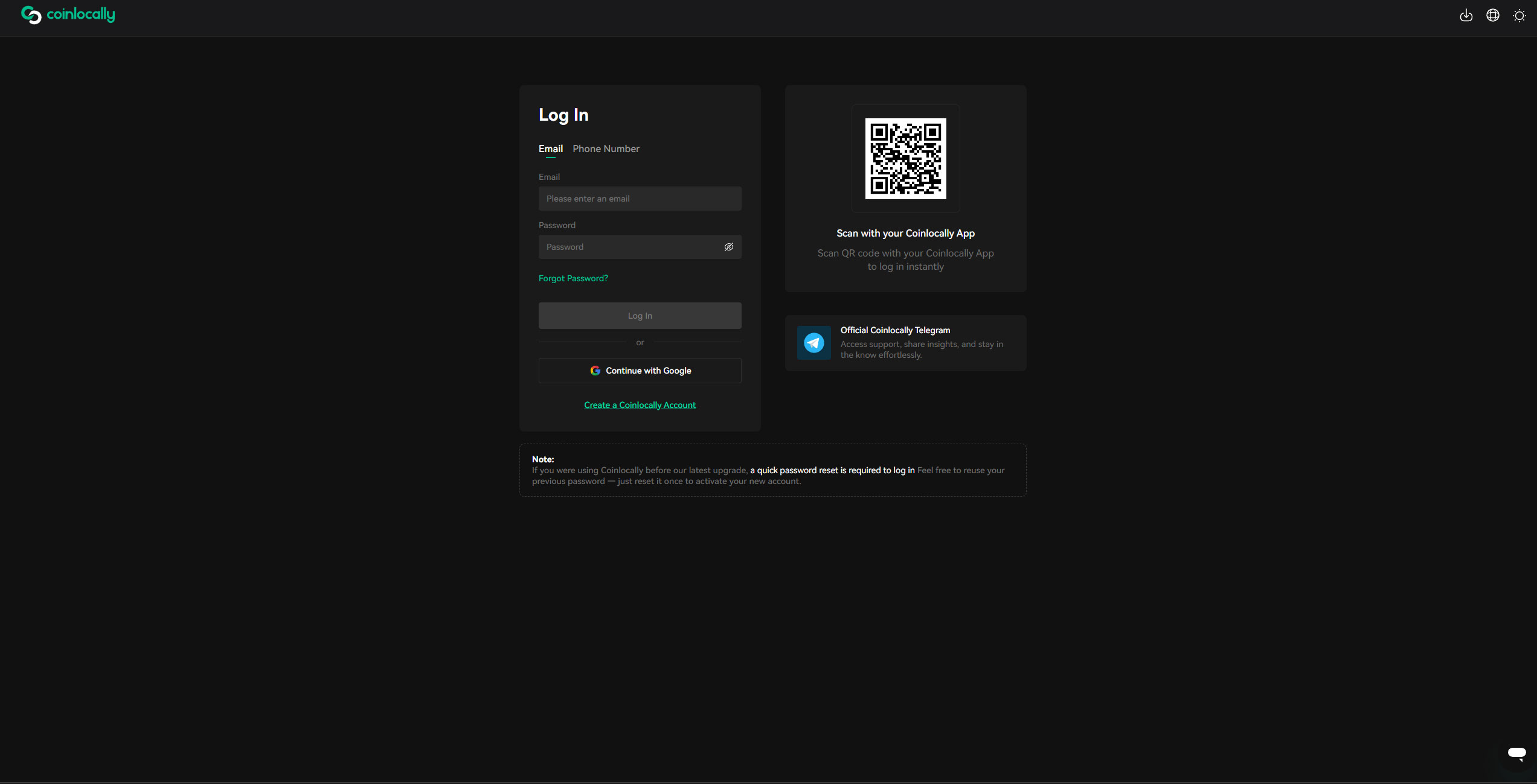 ورود به اکانت صرافی Coinlocally